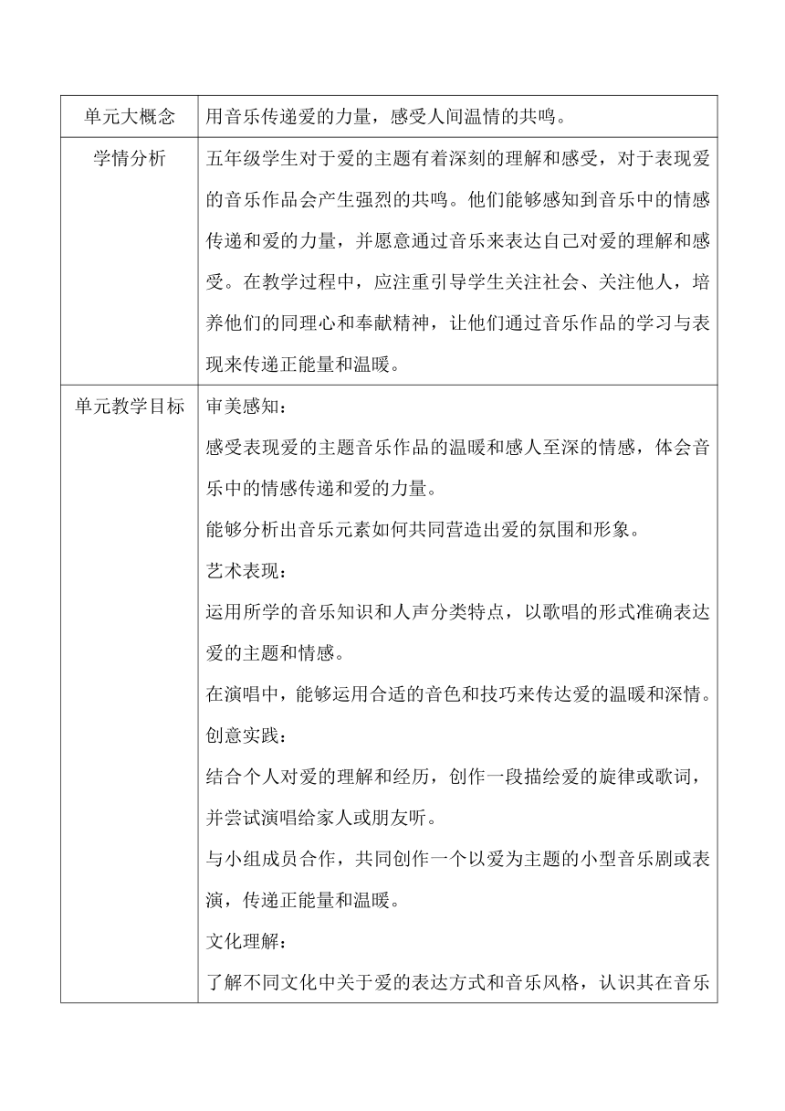 【新课标】人音版五年级第7单元 《爱满人间》大单元教学设计+课时+教学反思