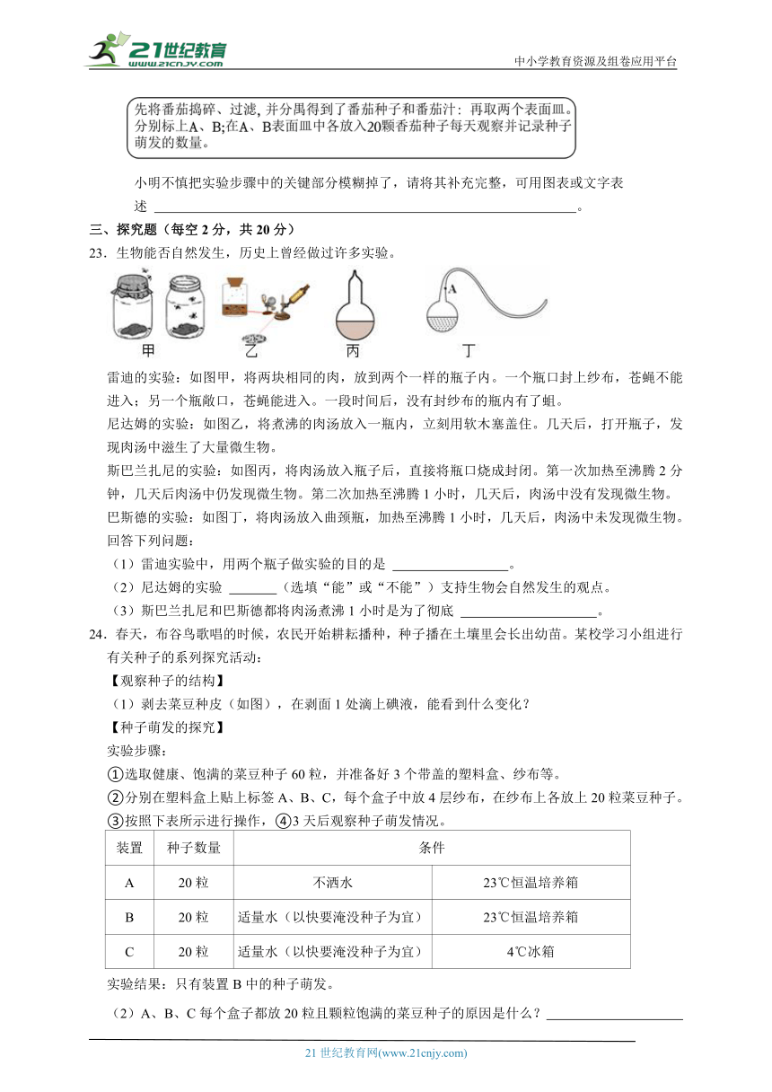 浙教版科学 七下 第1章代代相传的生命单元测试（二）（含答案）