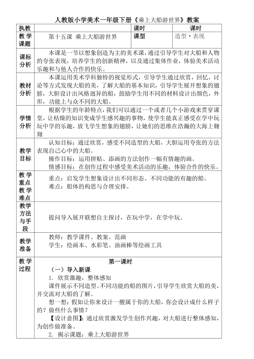 人教版小学美术一年级下册第15课 乘上大船游世界 教案 （表格式）