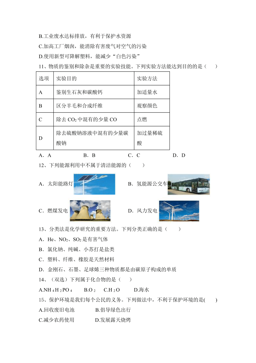 第十一单元化学与社会发展练习题(含答案) 九年级化学鲁教版下册