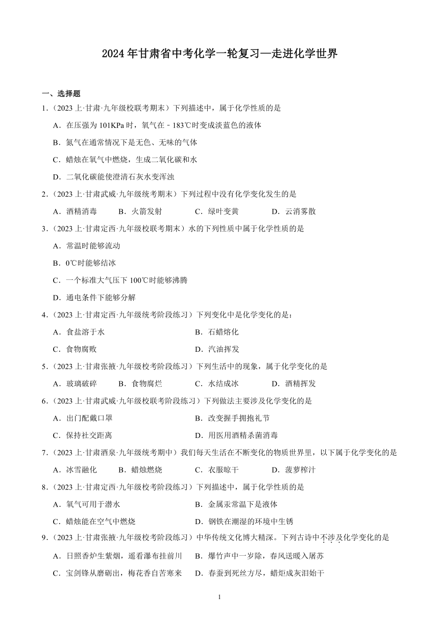 2024年甘肃省中考化学一轮复习—走进化学世界(含解析)