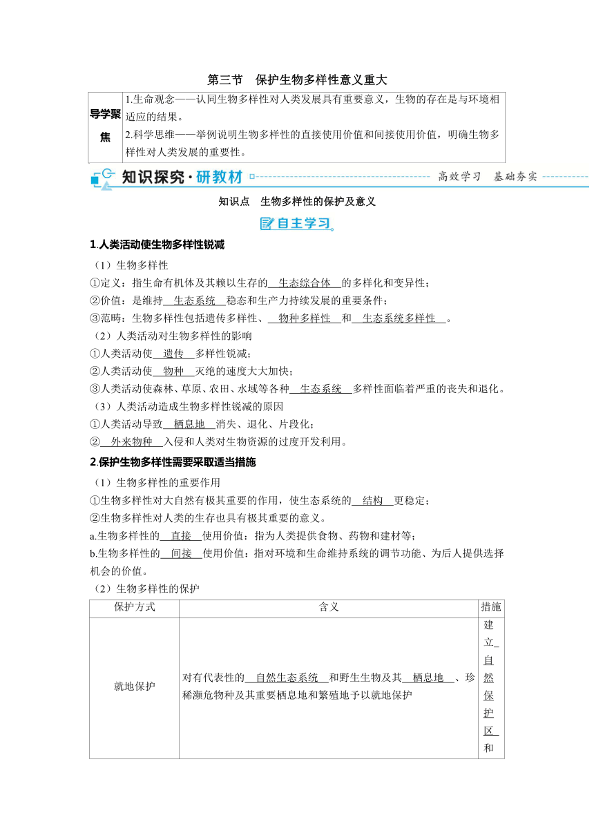 2023-2024学年浙科版选择性必修2 第四章第三节　保护生物多样性意义重大 学案(含解析）