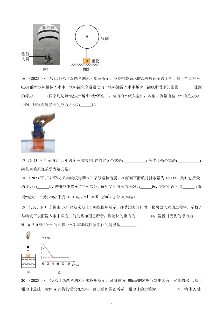 第十单元 浮力 综合复习题（含答案） 2023-2024学年下学期人教版八年级物理下册（广东地区适用）