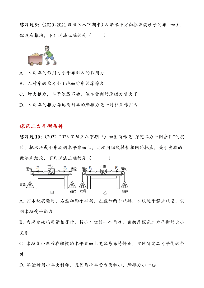 湖北省武汉市汉阳区2023~2024学年八年级下册期中复习——运动与力（含答案）