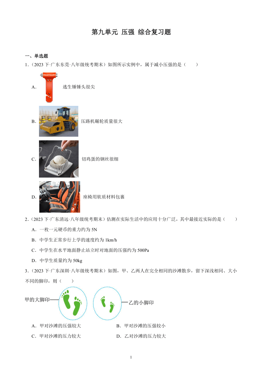 第九单元 压强 综合复习题 （含答案）2023-2024学年下学期人教版八年级物理下册（广东地区适用）