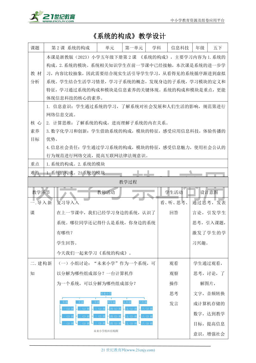 浙教版（2023）小学信息科技五年级下 第2课 系统的构成 教案