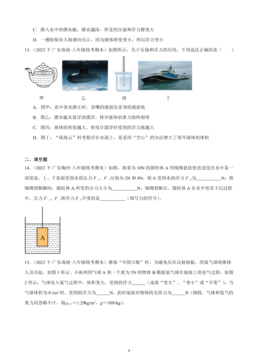 第十单元 浮力 综合复习题（含答案） 2023-2024学年下学期人教版八年级物理下册（广东地区适用）