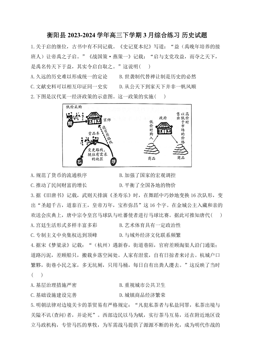 湖南省衡阳市衡阳县2023-2024学年高三下学期3月综合练习历史试卷（含解析）