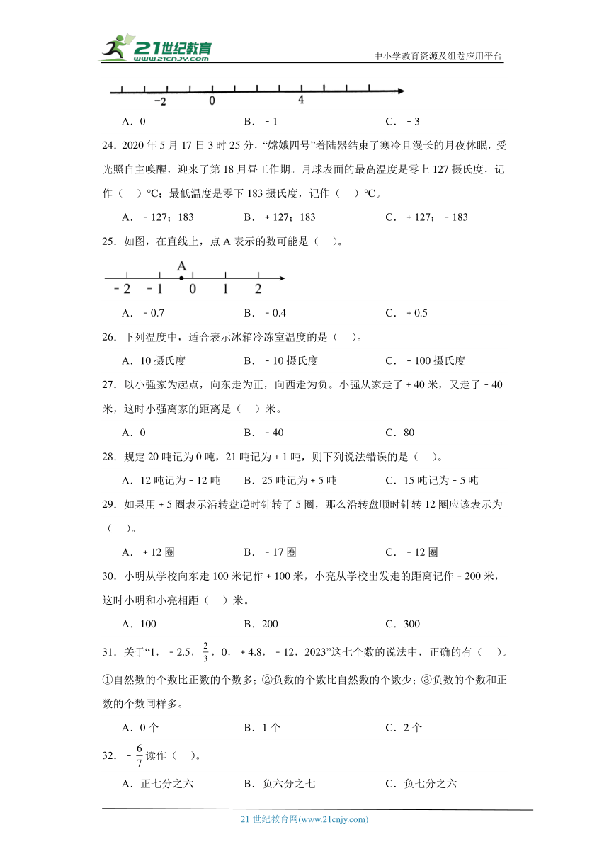 人教版六年级下册数学第一单元负数选择题专题训练（含答案）