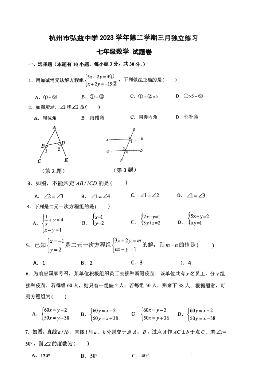 杭州弘益中学2024春七年级下数学3月月考卷（PDF版，无答案）