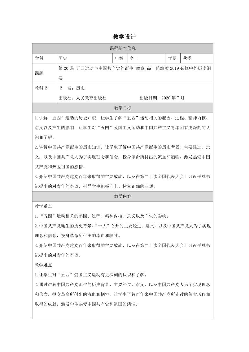 第20课 五四运动与中国共产党的诞生 教学设计（表格式）--2023-2024学年高一上学期统编版（2019）必修中外历史纲要上