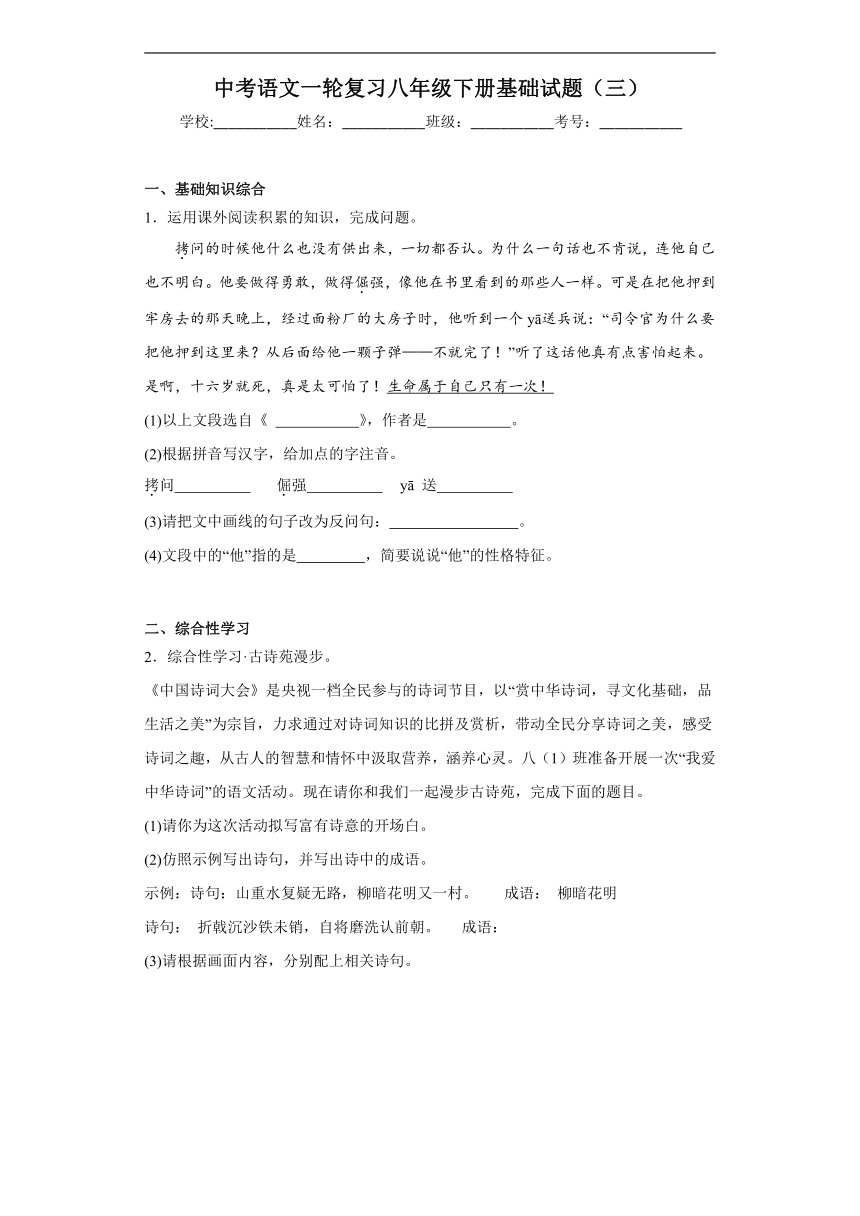 2024年中考语文一轮复习八年级下册基础试题（三）（含答案）