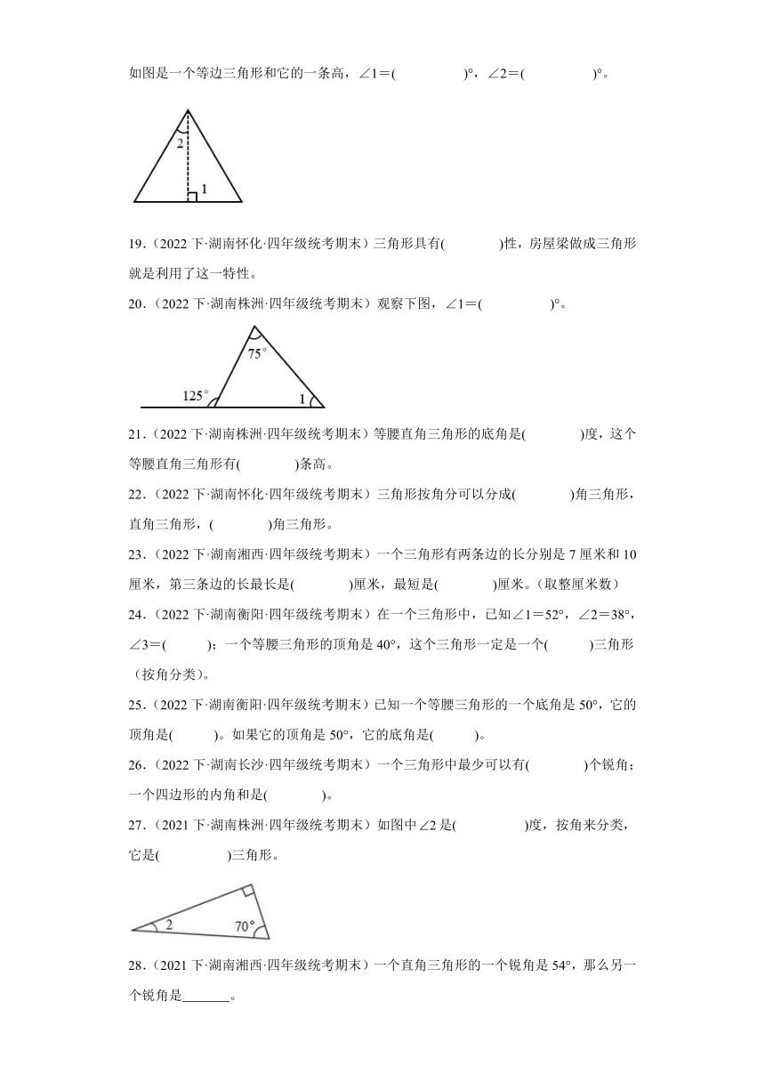 湖南省期末试题汇编-10三角形（填空题培优提升题）-小学四年级数学下册（人教版）（含解析）