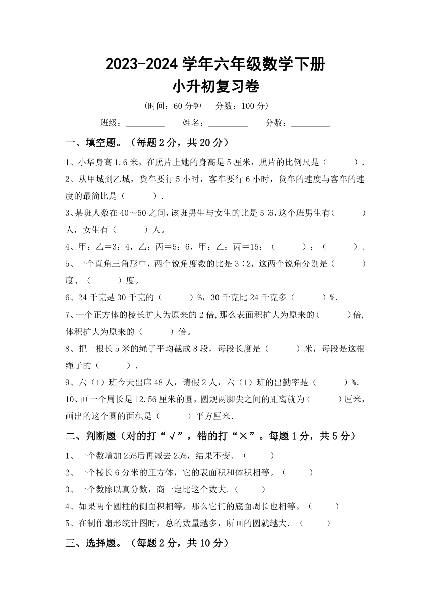 北京版六年级数学下册小升初综合复习(含答案）