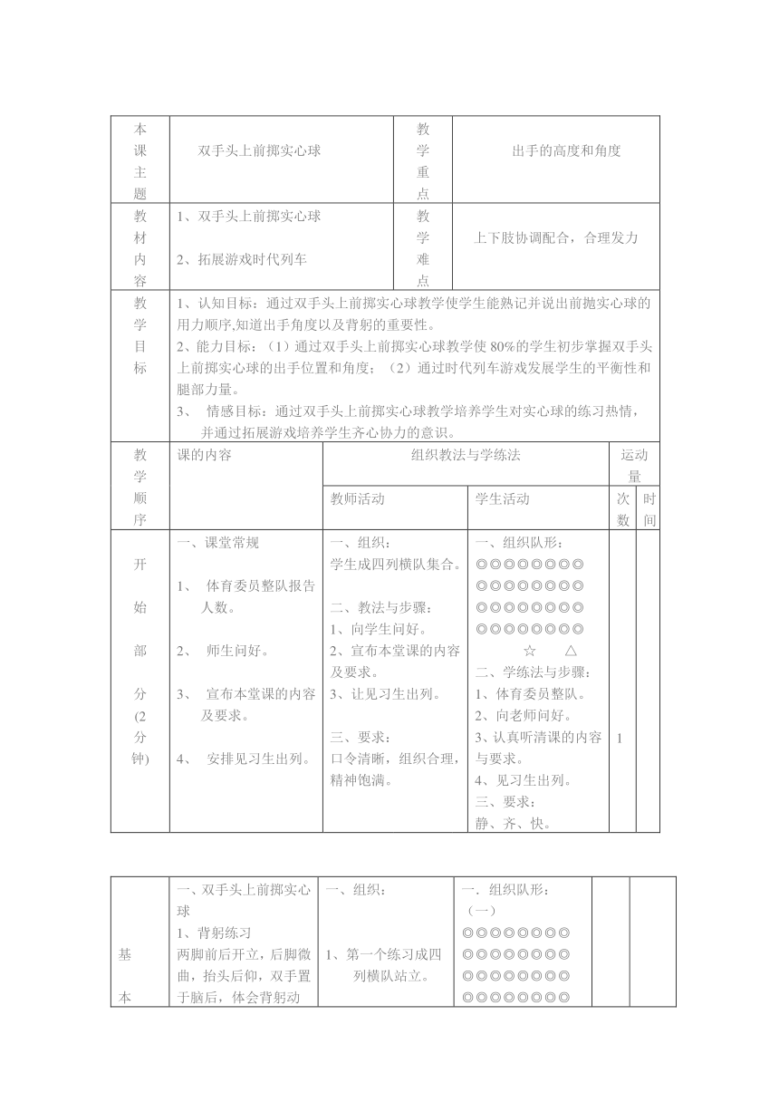 双手头上前掷实心球教案（表格式）