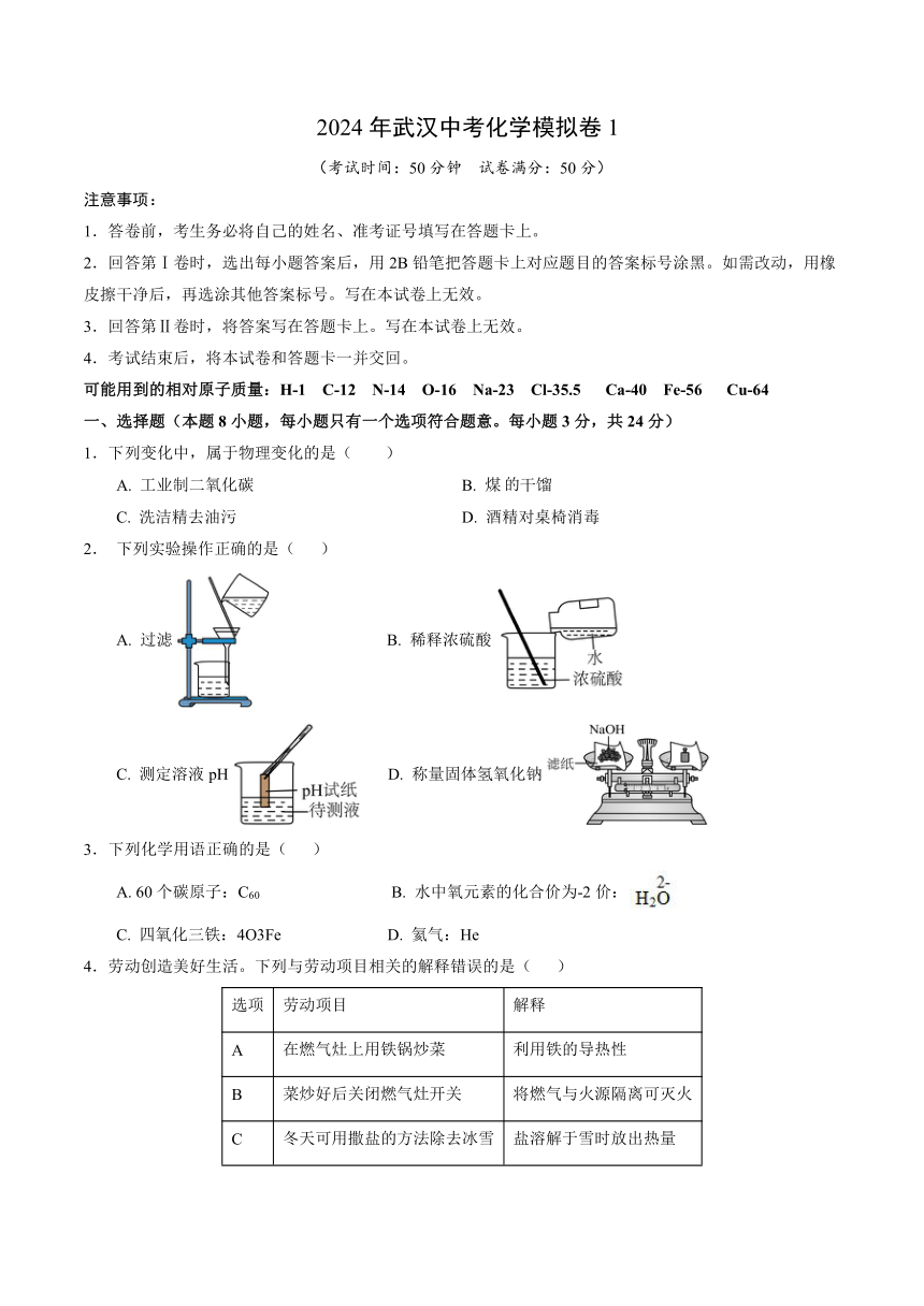 2024年湖北省武汉中考化学模拟卷1（含解析）