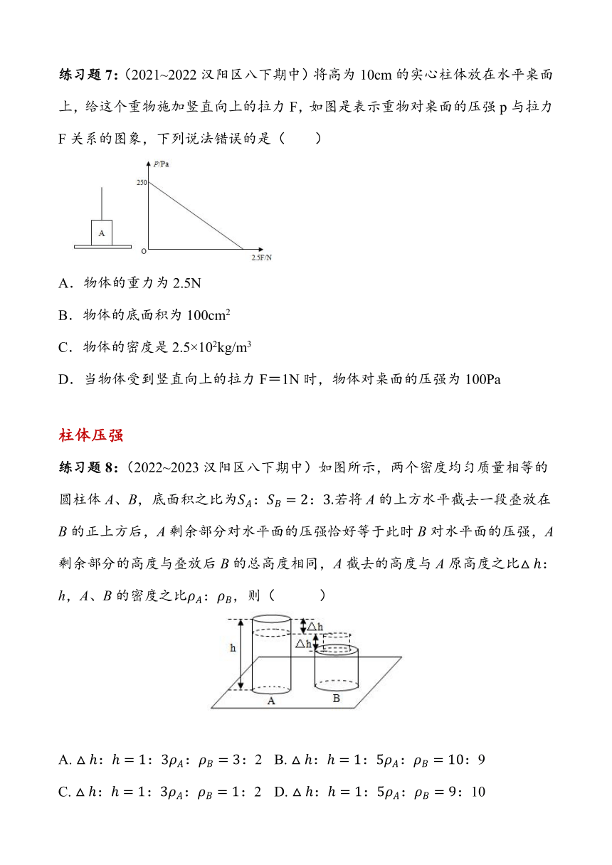 湖北省武汉市汉阳区2023~2024学年八年级下册期中复习——压强（含答案）