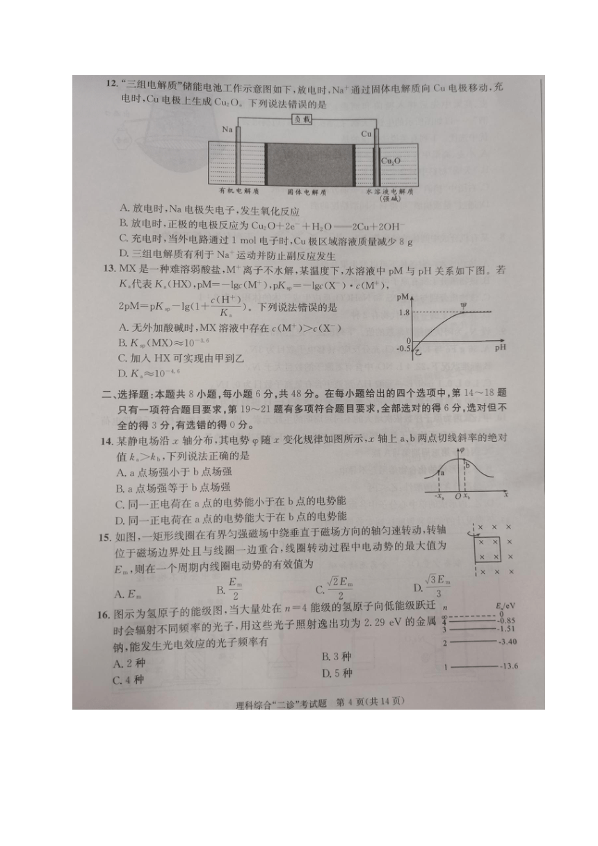 2024届四川省成都市高三下学期二诊考试理科综合试题（扫描版无答案）