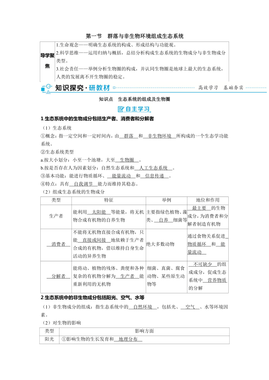 2023-2024学年浙科版选择性必修2 第三章第一节　群落与非生物环境组成生态系统 学案（含解析）