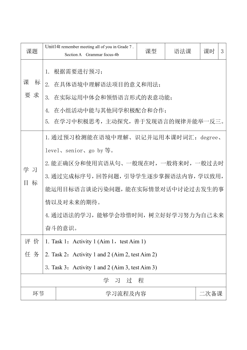 Unit14 I remember meeting all of you in Grade 7 第3课时SectionA Grammar Focus-4b 学历案（表格式）人教版九年级全册