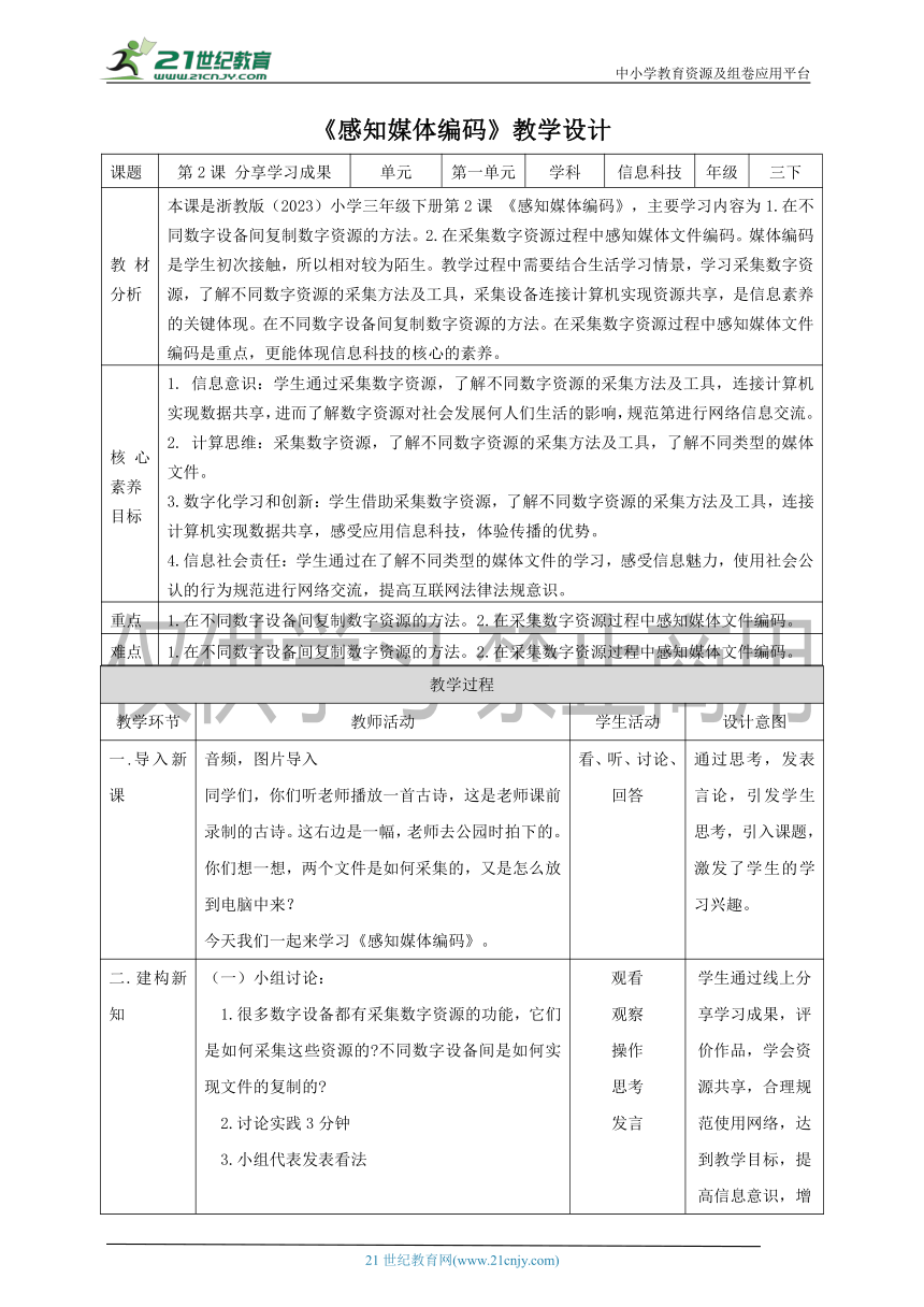 浙教版（2023）小学信息科技三下第2课 感知媒体编码 教学设计（表格式）