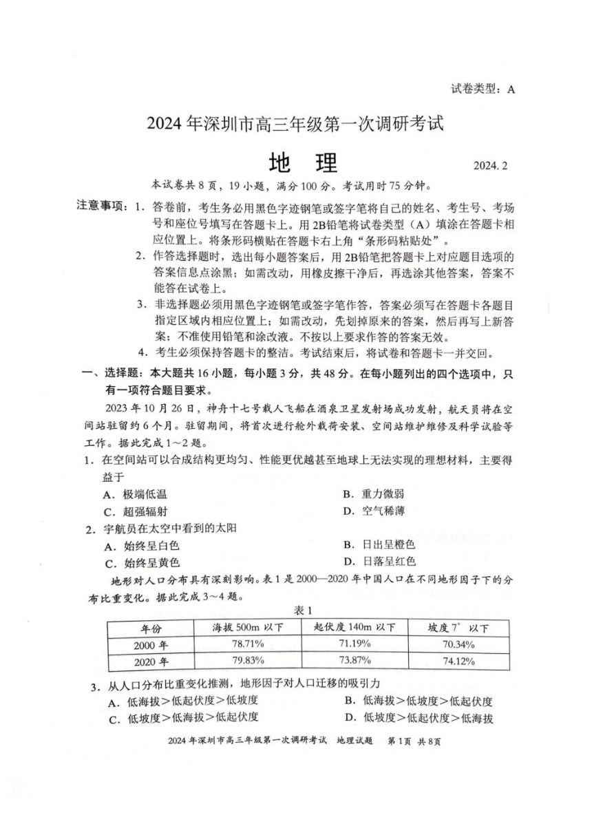 广东省深圳市2024届高三下学期2月第一次调研考试（一模） 地理（ PDF版含答案）