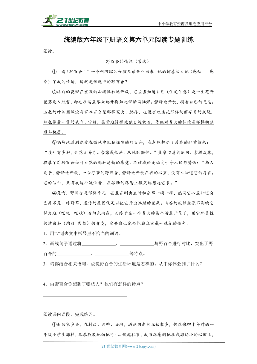 统编版六年级下册语文第六单元阅读专题训练（含答案）