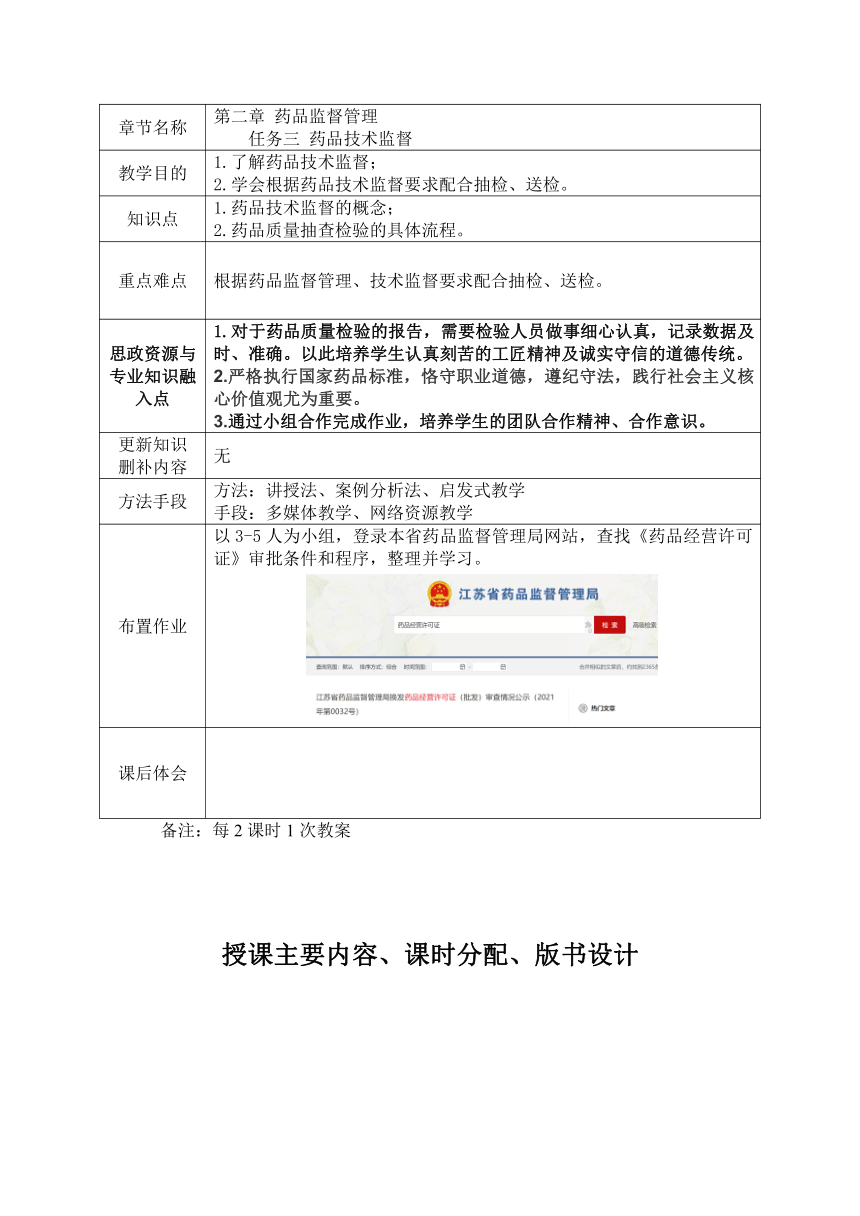 2.3药品技术监督 教案（表格式）-《药事管理与法规》同步教学（高教版）