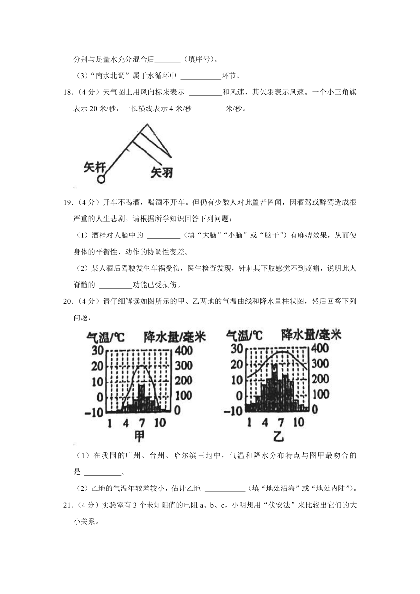 浙江省湖州市长兴县华盛达实验中学2023-2024学年八年级上学期期末科学试题（含解析）