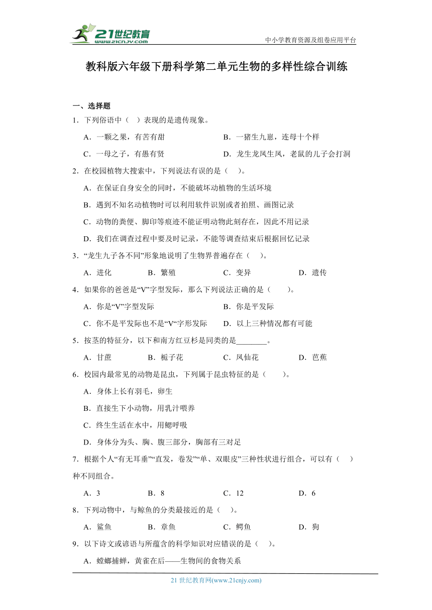 教科版六年级下册科学第二单元生物的多样性综合训练（含答案）