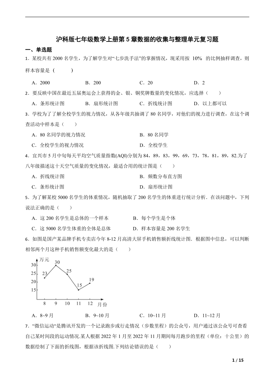 沪科版七年级数学上册第5章 数据的收集与整理  单元复习题(含解析)