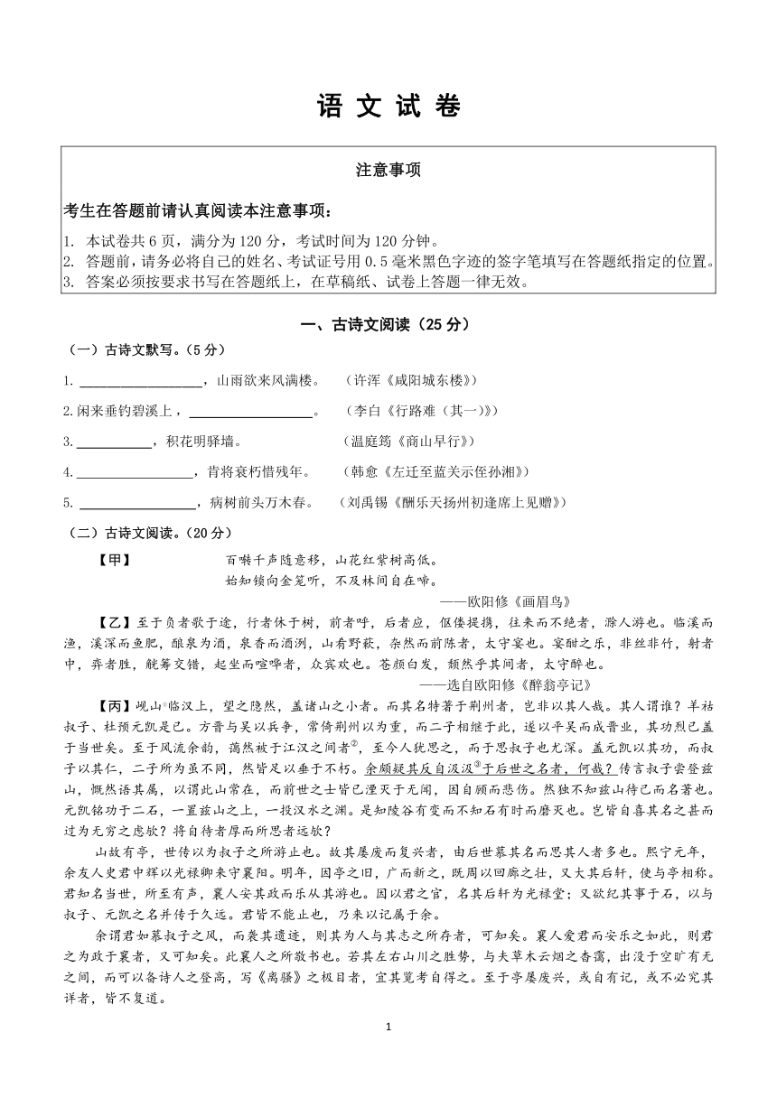 江苏省运河中学创新班2023-2024学年九年级上学期招生考试语文试卷（含答案）