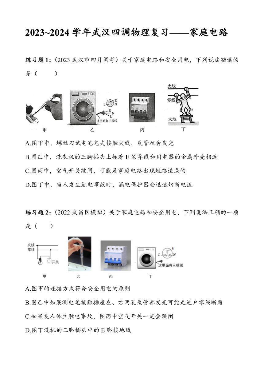 2023~2024学年湖北省武汉市四月调考物理专题复习——家庭电路（含答案）