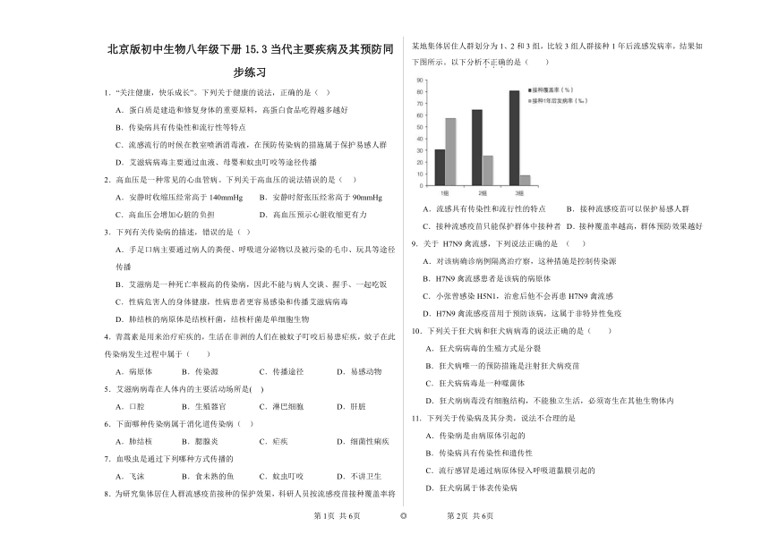 15.3当代主要疾病及其预防 同步练习（含答案） 北京版初中生物八年级下册