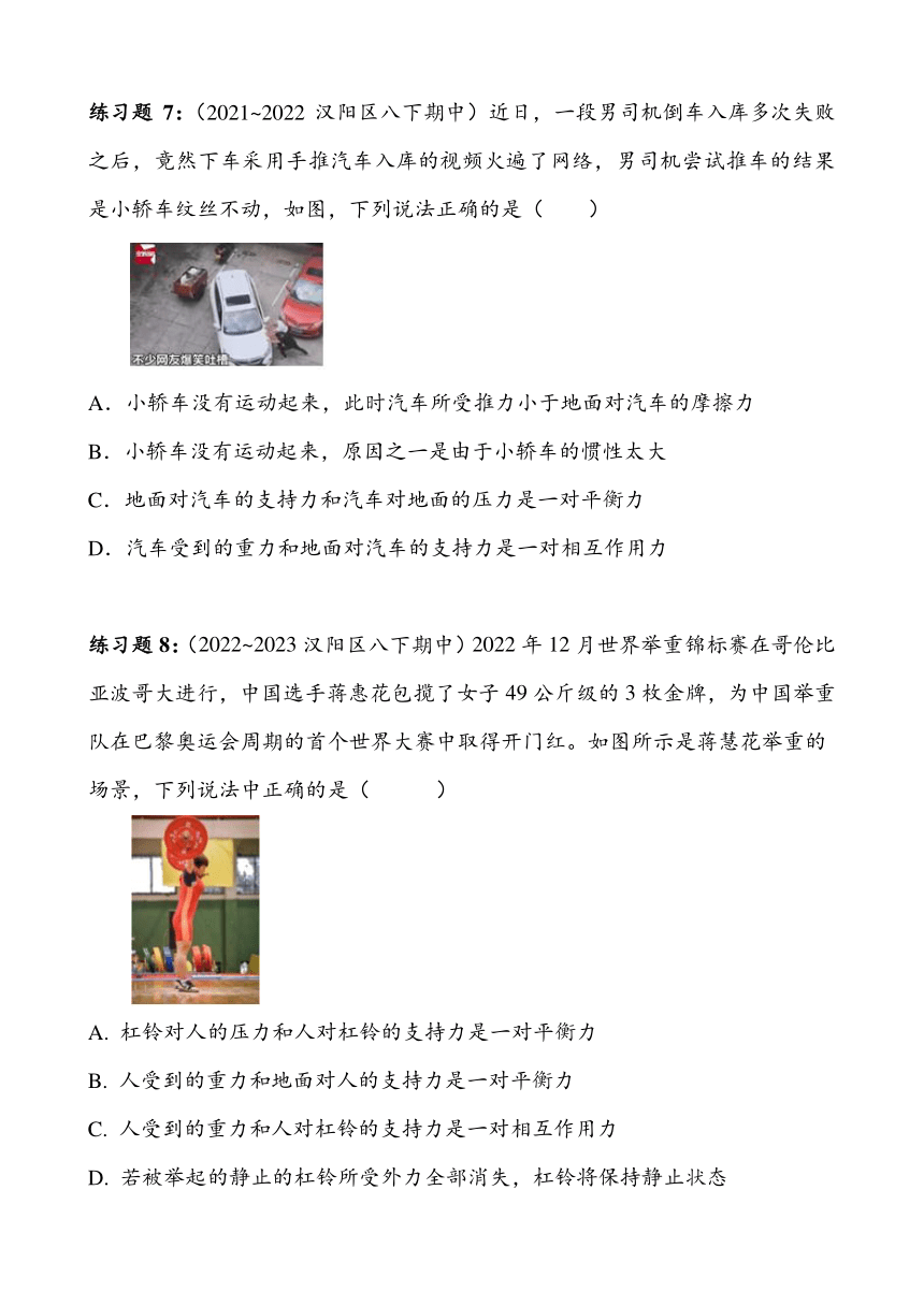 湖北省武汉市汉阳区2023~2024学年八年级下册期中复习——运动与力（含答案）