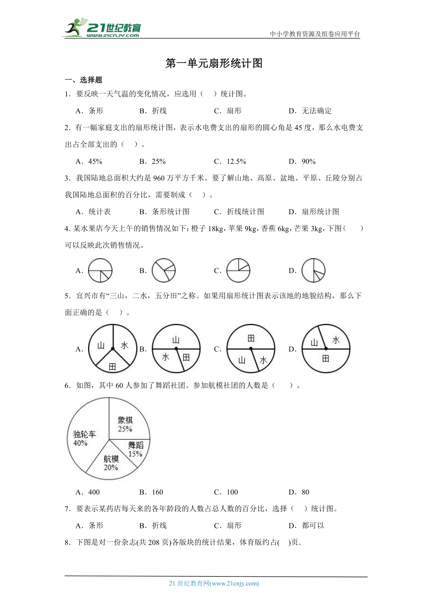 第一单元扇形统计图课堂通行证  苏教版数学六年级下册（含答案）
