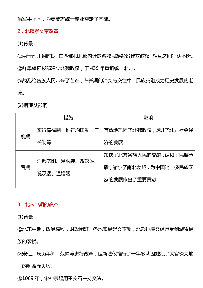 第4课 中国历代变法和改革 教学设计--2023-2024学年高中历史统编版（2019）选择性必修一国家制度与社会治理