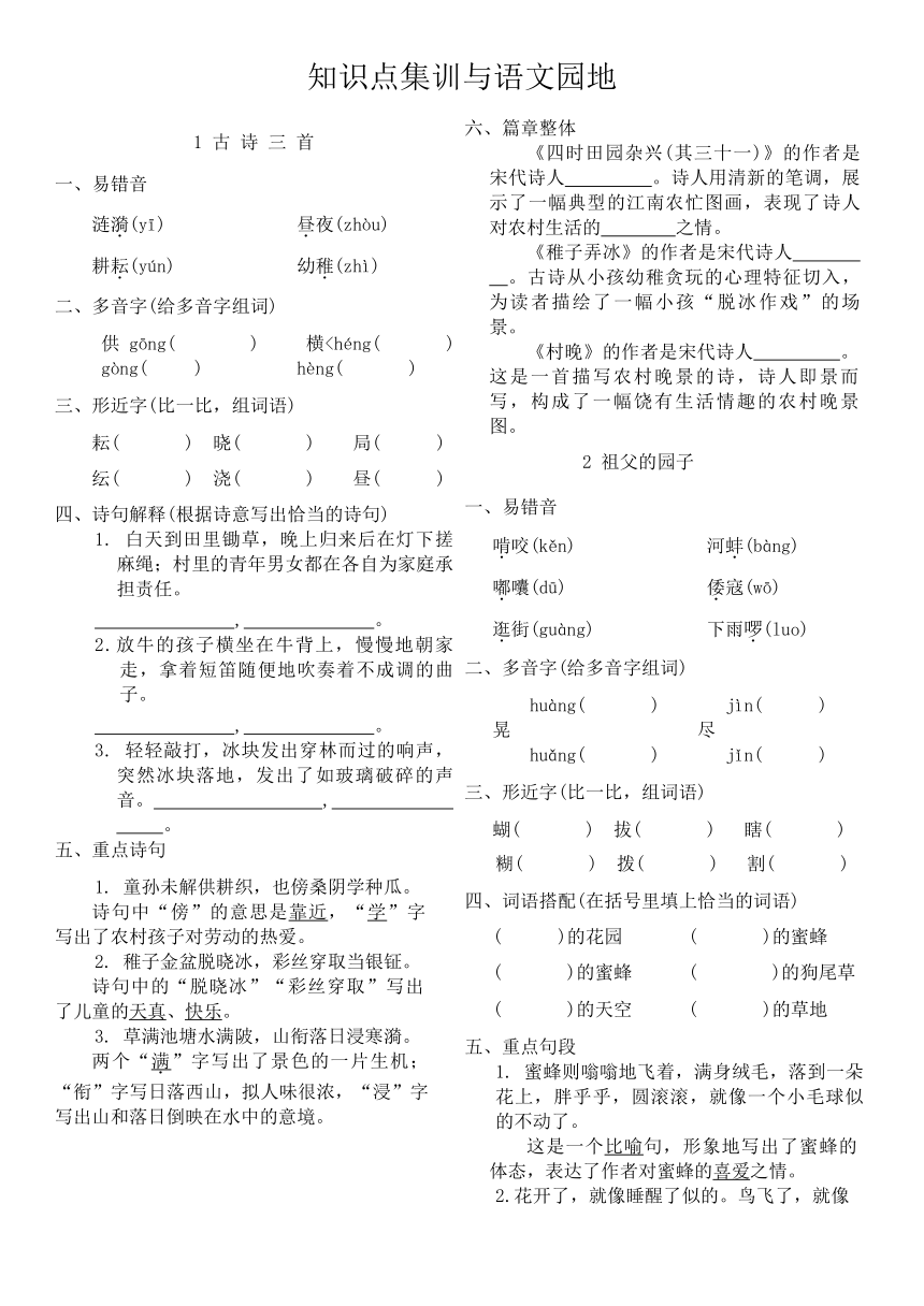 统编版五年级语文下册第一单元知识点集训与语文园地（无答案）