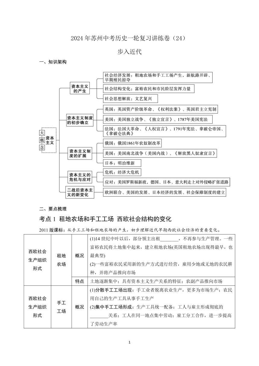2024年苏州中考历史一轮复习讲练卷（24）步入近代（含答案）