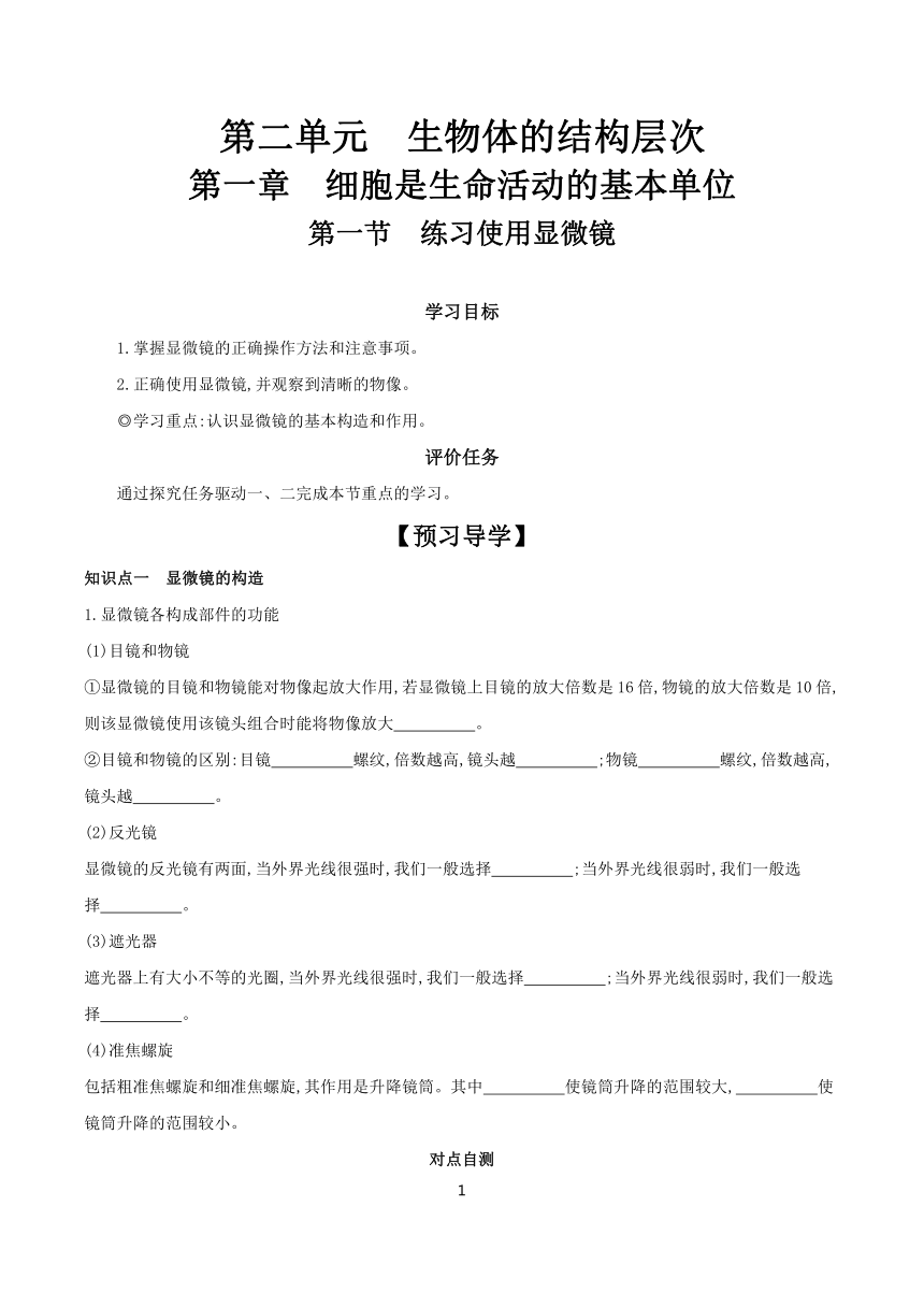 2.1.1 练习使用显微镜 学案（含答案） 2023-2024学年生物人教版七年级上册