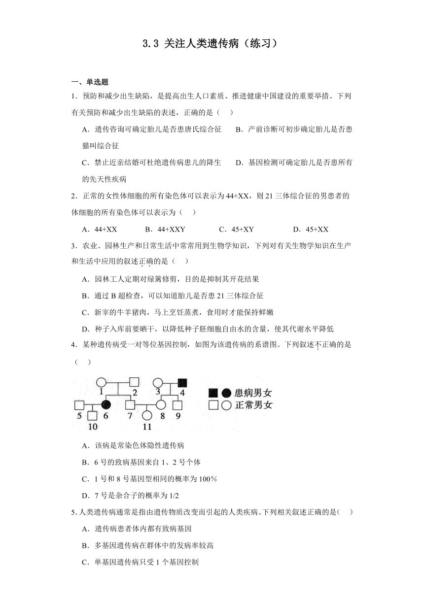 3.3关注人类遗传病（练习）-2023-2024学年高中生物（苏教版必修2）（含解析）