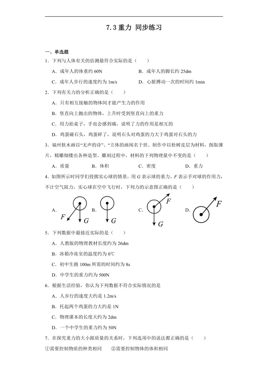 7.3重力同步练习（含答案）人教版物理八年级下册