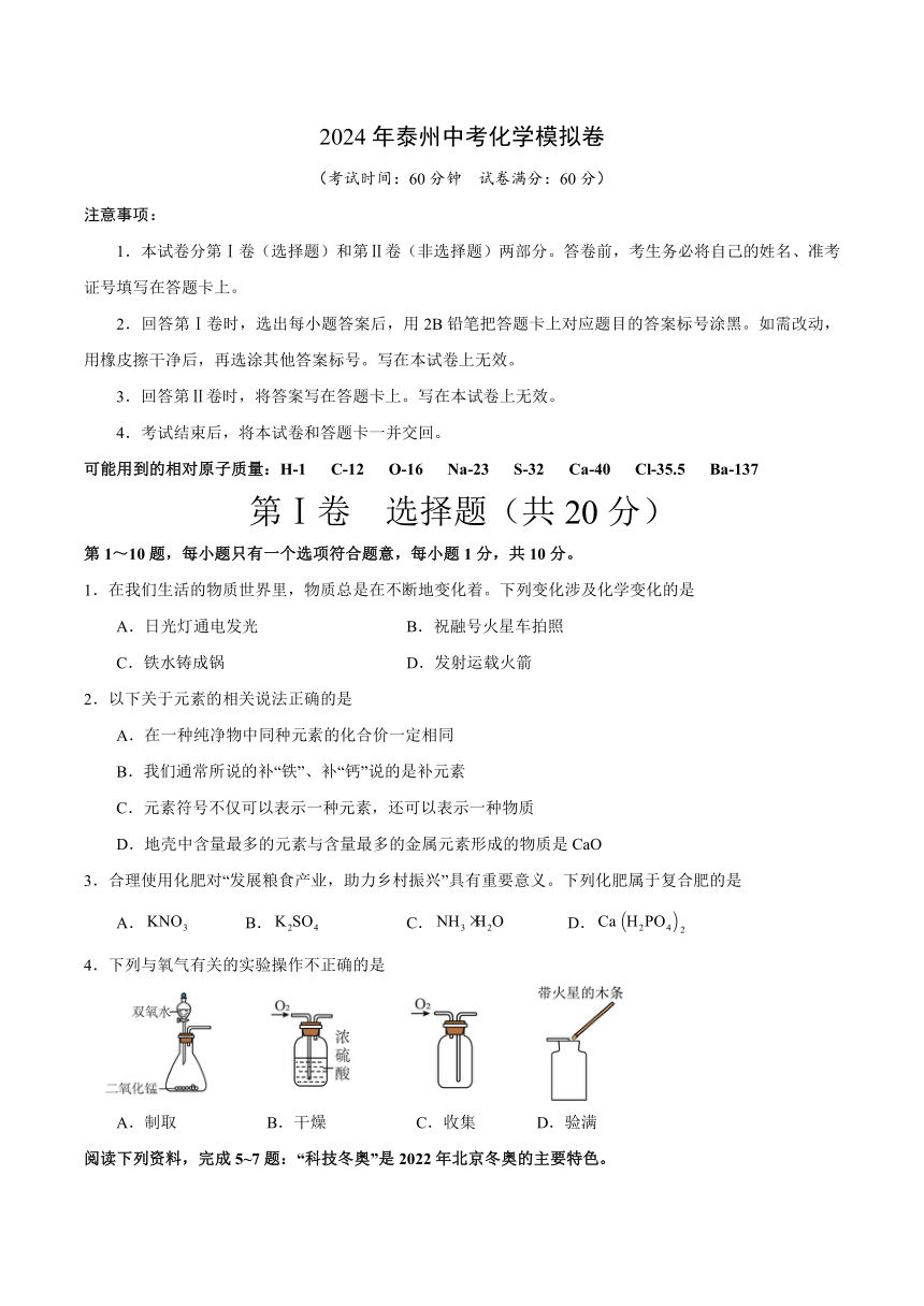 2024年江苏省泰州中考化学模拟卷（含解析）