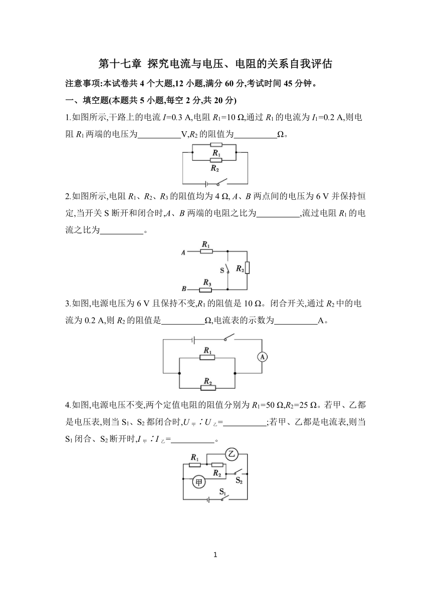 第十七章 探究电流与电压、电阻的关系自我评估 课时练习 2023-2024学年物理人教版九年级全一册