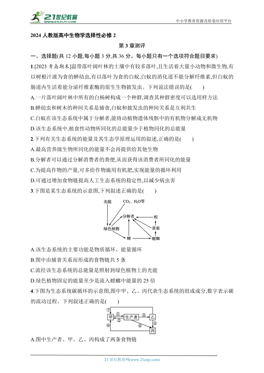 2024人教版(2019)高中生物学选择性必修2练习题--第3章测评（含解析）