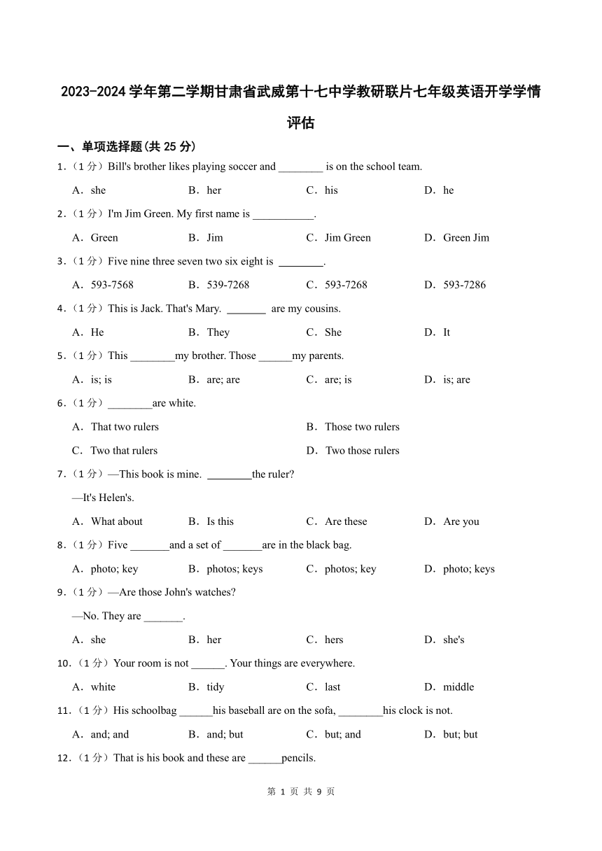 2023-2024学年第二学期甘肃省武威第十七中学教研联片七年级英语开学学情评估（含答案）