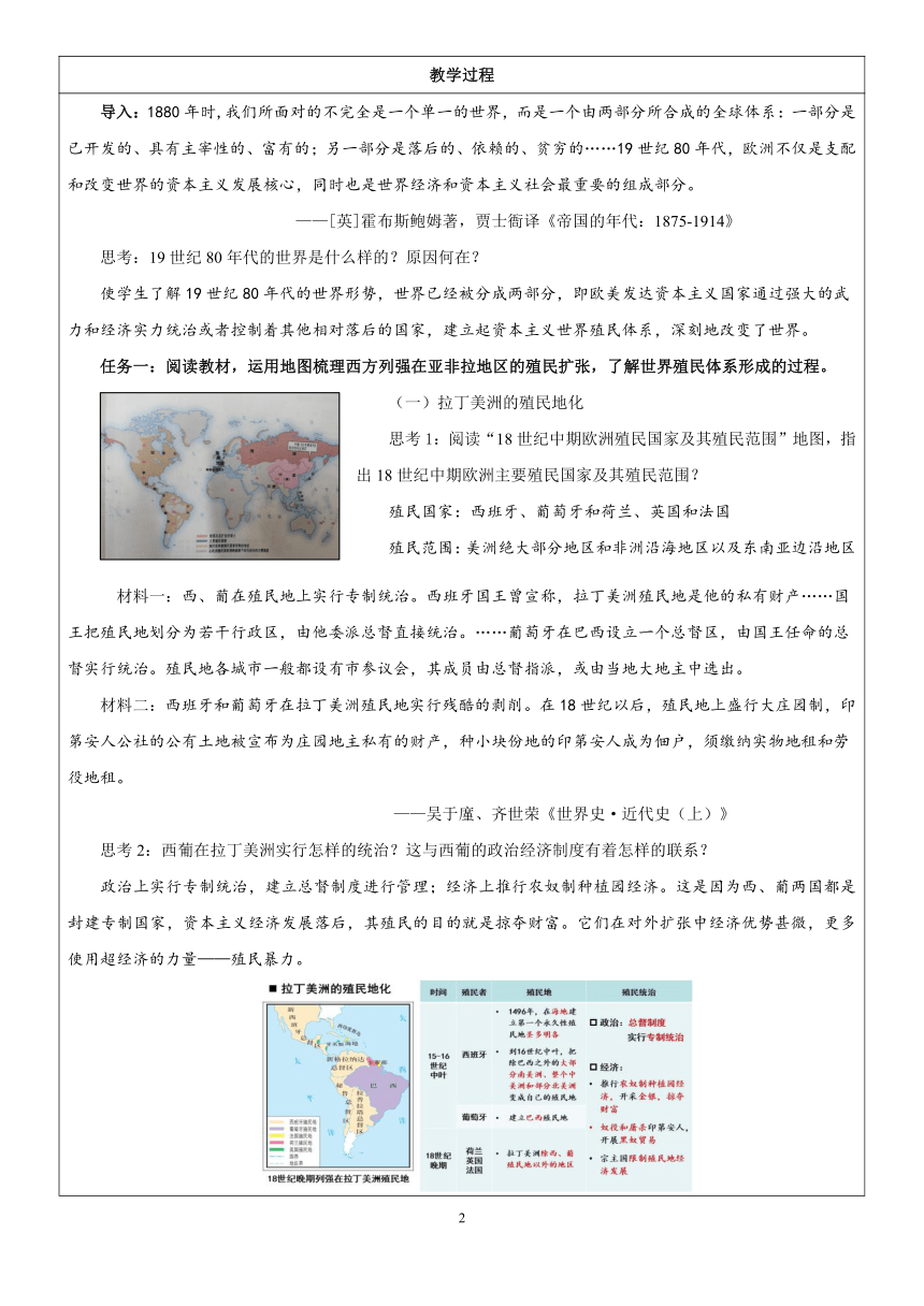 第12课 资本主义世界殖民体系的形成 教学设计（表格式）