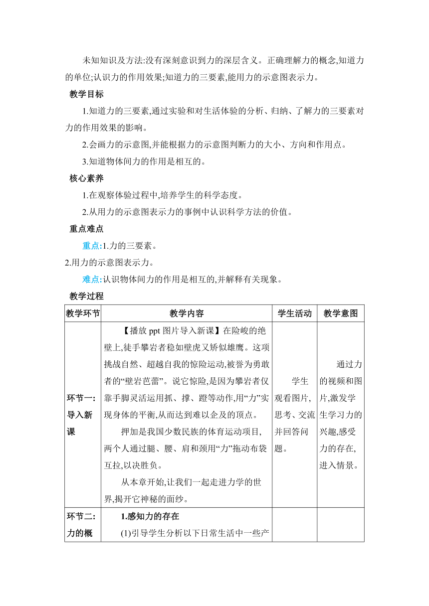 7.1力 教案 （表格式） 人教版物理八年级下册