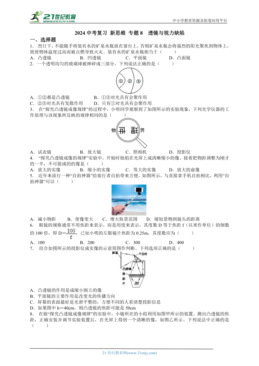 【新思维】2024中考科学复习 专题8 透镜与视力缺陷（含答案）