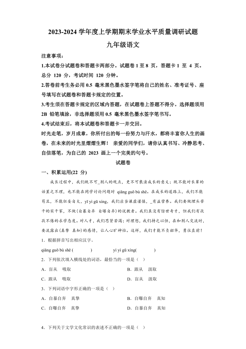 山东省临沂市河东区2023-2024学年九年级上学期期末 语文试题（含解析）